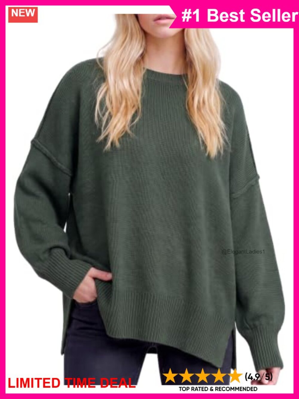 Oversized Knit Sweater Long Sleeve Pullover Batwing Sleeve Crew Neck